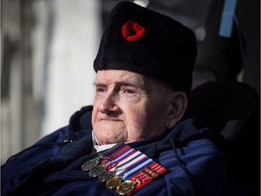 Second World War veteran Howard Costain, 98, attends a Remembrance Day ceremony in Vancouver, on Sunday November 11, 2018.