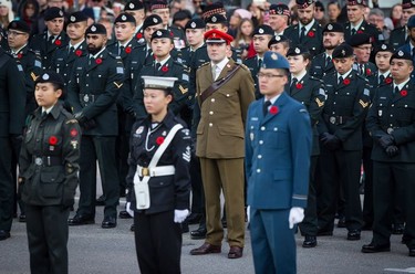 Members of the Canadian Forces and cadets stand during a Remembrance Day ceremony in Vancouver, on Sunday, November 11, 2018.