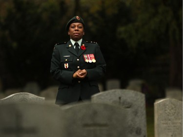 Lieutenant Kerry-Ann Cameron looks on during Remembrance Day ceremonies at God's Acre Veteran's Cemetery in Victoria on Sunday, November 11, 2018.