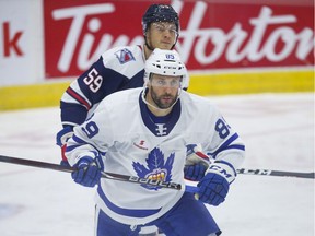 Sam Gagner faces the Hartford Wolfpack during AHL action in Toronto on Oct. 20. Gagner was loaned to the Marlies by the Vancouver Canucks.