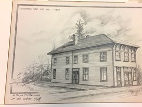 Pencil sketch of Vancouver's first city hall at 147-151 Powell Street by Thomas Frederick Sentell, one of the four brothers who built it in 1886. Thomas Frederick Sentell/Vancouver Archives AM 1562-72-524.