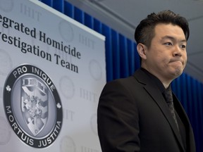 RCMP Cpl. Frank Jang pauses for a moment as he addresses the media regarding the ongoing Marrisa Shen homicide investigation during a news conference at the RCMP headquarters in Surrey, B.C., Tuesday, April 24, 2018.