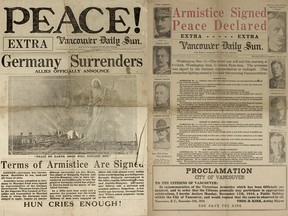 The extra and regular editions of the Vancouver Sun on Nov. 11, 1918, the day the armistice was signed to end the First World War. Museum of Vancouver images H989.255.1 and H985.210.1.