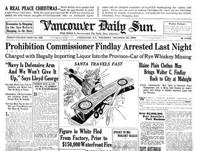 Front page of the Vancouver Sun on Dec. 12, 1918 with a story about the man in charge of Prohibition in British Columbia being arrested for importing liquor.