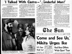 Closeup of the Vancouver Sun's front page on Feb. 5, 1959 featuring an interview between its fashion writer Marie Moreau and Cuban revolutionary Fidel Castro.