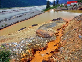 Photo of a filtration pond at the Tulsequah Chief mine in a report by the B.C. inspector of mines. According to the report, the left side of the pond demonstrates inadequate freeboard to the road and river. In the top and centre background you can see where the pond overflows onto the roadway.