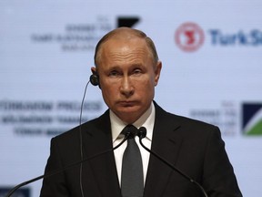 Vladimir Putin, Russia's president, pauses while speaking during a ceremony to celebrate the TurkStream gas pipeline in Istanbul, Turkey, on Monday, Nov. 19, 2019.