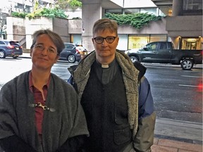 Lini Hutchings and Rev. Laurel Dykstra outside B.C. Supreme Court in Vancouver before being sentenced to seven days jail and ordered to pay $2,000 in legal costs to Trans Mountain in pipeline protest case.