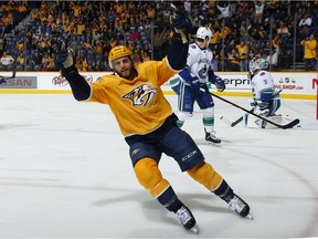 Ryan Hartman of the Nashville Predators celebrates after scoring a goal against the Vancouver Canucks during the first period.
