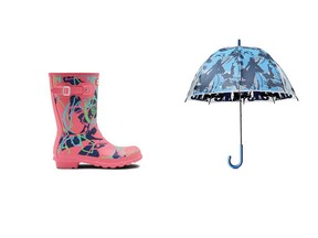 Disney x Hunter Original Collection Women's Original Disney Print Short Rain Boots: Arcade Pink ($195) and Women's Orignal Disney Print Bubble Umbrella in Moonlight ($95).