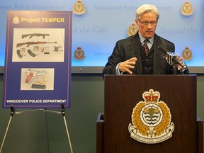 Vancouver Police Department Superintendent Mike Porteous talks to reporters on May 17, 2018, announcing that the VPD and the Coordinated Forces Special Enforcement Unit of B.C. (CFSEU-BC) have seized four guns and arrested seven men (recommending a total of 20 charges) as part of Project Temper.