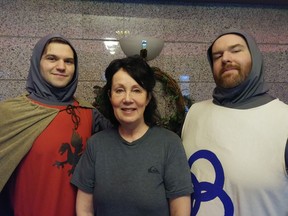 Metro Theatre writer and producer Catherine Morrison with cast members of King Arthur's Court. Metro has supported AAS by giving free performances to children and families in the Downtown Eastside. To her right is Sparky MacDonald who plays Sir Round and on the left is King Arthur, Colton Fyfe.