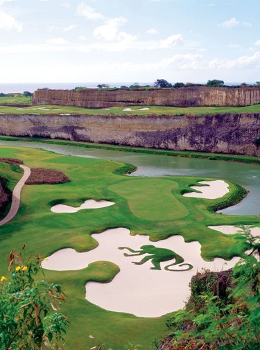 The signature hole at the Green Monkey, the par-3 16th.