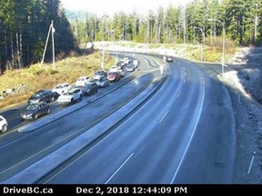 The Sea-to-Sky Highway is closed in both directions between Whistler and Squamish due to a vehicle incident on Sunday afternoon. A screengrab from a Drive B.C. webcam shows traffic backed up on Highway 99.