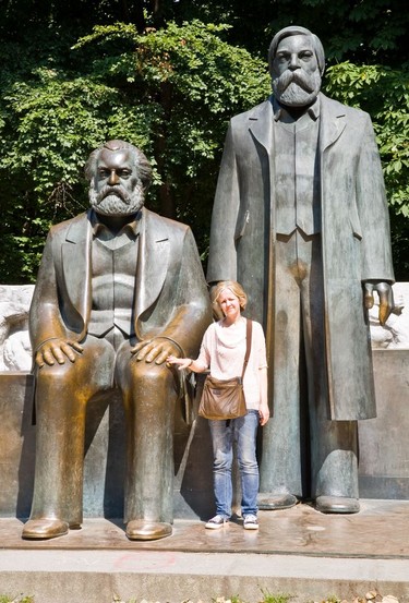 Karl Marx and Friedrich Engels statues in the Marx-Engels-Forum, a public park in Berlin's central Mitte district.