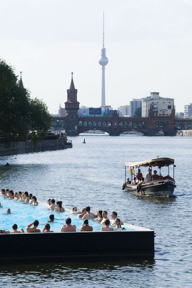 Badeschiff or Bathing Ship is a former river barge turned swimming pool anchored in the Spree River with great city views.