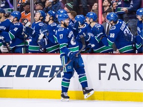 Vancouver Canucks' Josh Leivo celebrates his goal against the Philadelphia Flyers during the first period of an NHL hockey game in Vancouver, on Saturday December 15, 2018.