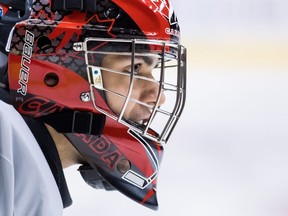 Canada goalie Michael DiPietro stretches during team practice for the IIHF World Junior Hockey Championships, in Vancouver on Tuesday, Dec. 25, 2018. Canada is scheduled to play Denmark in their first game on Wednesday.