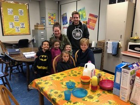 Dec. 13, 2018 - Breakfast a Rock City Elementary with Susan M'Gonigle seated to the right and volunteers Lisha De-Vries and Evan Klaassen behind. For story by Gerry Bellett.  [PNG Merlin Archive]