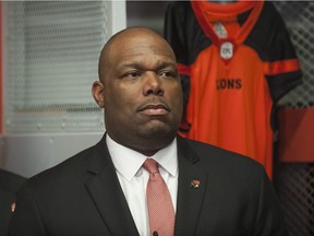 B.C. Lions head coach DeVone Claybrooks in a file photo in Surrey, BC Tuesday on Dec. 12, 2018.