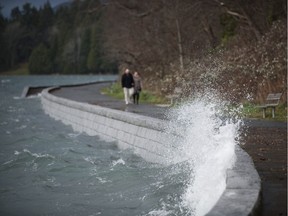 The Stanley Park seawall on Thursday. A storm that hit the south coast brought high winds and power outages throughout the region on Thursday. Due to fallen trees, Stanley Park in Vancouver was closed.