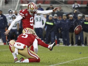 San Francisco 49ers kicker Robbie Gould (9) kicks the winning field goal in overtime against the Seattle Seahawks.