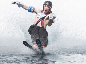 Jordan Halonko makes a big splash as competes in the Grouse Mountain Slush Cup on April 21 2018. I have always wanted to cover a Slush Cup. Skiing or boarding over a pond of water makes for great splash pictures. Bonus. It was a blue-sky day but I forgot my sunglasses. So I spent a lot of time with my eyes closed or squinting between skiers and boarders. 70-200 lens @170mm.