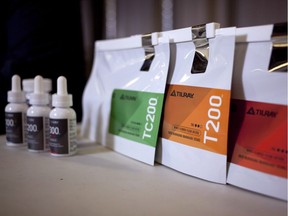 Tilray product line such as capsules, oils, and dried marijuana at head office in Nanaimo, B.C., on November 29, 2017. British Columbia-based Tilray Canada Ltd. has a new framework agreement to collaborate on building markets for medical cannabis products around the world with Sandoz AG, which is part of the Novartis pharmaceutical group.