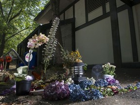 A memorial outside the West Point Grey Community Centre for the young woman killed in a donation bin,  Vancouver, August 08 2018.