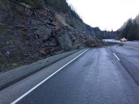 Highway 3 is closed in both directions east of Hope because of rocks on the road.