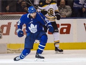 Josh Leivo celebrates his goal during second-period action against the Boston Bruins at the Scotiabank Arena in Toronto on Nov. 26, 2018.