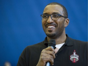 Shareef Abdur-Rahim talks with fans and media during the NBA All-Star Challenge inside the Student Recreation Centre at UBC in Vancouver in 2016.