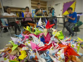 Students at Brantford Elementary school in Burnaby presented Alison Lockhart with more than 2000 paper cranes.