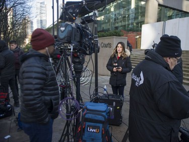 Media assemble outside BC Supreme Court in Vancouver, where a bail hearing was being held for Huawei executive Meng Wanzhou.