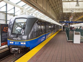 A SkyTrain leaves Surrey Central SkyTrain station.