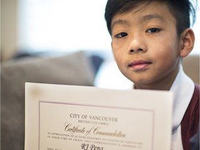 R.J. Pena, 8, is the youngest person to receive a commendation from Vancouver Fire and Rescue Services after helping rescue his great grandparents from their burning home.