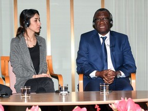 Nobel Peace Prize laureates Congolese doctor Denis Mukwege and Yazidi activist Nadia Murad during a press conference in Oslo, Norway, on the eve of the Peace Prize ceremony.