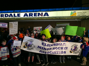 A rally was held outside the Cloverdale Arena on Monday to protest the postponement of a new ice and sport complex.
