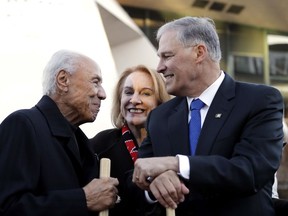 Washington Gov. Jay Inslee, Seattle Mayor Jenny Durkan and former longtime NBA Seattle SuperSonics coach Lenny Wilkens (right to left) are all smiles Wednesday at the ceremonial groundbreaking for a renovated Key Arena — key to the NHL expanding to the Emerald City in 2021. The NBA shouldn’t be far behind.