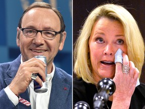 Kevin Spacey (L) faces a charge of indecent assault and battery on allegations he sexually assaulted Boston Tv anchor Heather Unruh's then-18-year-old son in 2016. (Hannes Magerstaedt/Getty Images for Bits & Pretzels/JOSEPH PREZIOSO/AFP/Getty Images)