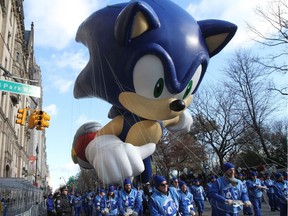 Paramount Pictures has shared a first look at the upcoming Sonic the Hedgehog live-action film, which was filmed in B.C. In this file photo, the Sonic the Hedgehog balloon makes its way down New York's Central Park west during the Macy's Thanksgiving Day Parade, Thursday, Nov. 28, 2013.