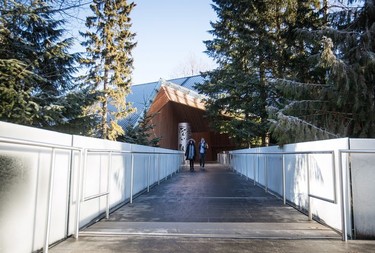 People walk outside the entrance to the Audain Art Museum in Whistler.