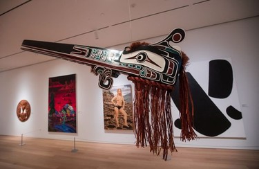 A Hok Hok Headdress by artist Henry Speck Jr., of the KwakwakaÕwakw First Nation, is displayed at the Audain Art Museum in Whistler.