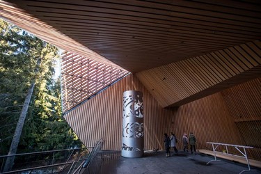 People stand outside the entrance to the Audain Art Museum in Whistler.