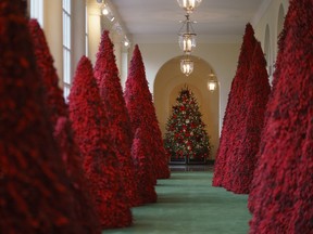 FILE - In this Nov. 26, 2018, file photo, topiary trees line the East colonnade during the 2018 Christmas preview at the White House in Washington. Melania Trump's cranberry topiary trees may have left some of her critics seeing red, but they turned out to be a hit this Christmas _ one of several new wrinkles the Trumps introduced this holiday season.