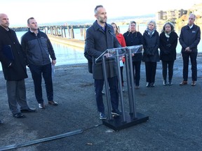 British Columbia Chamber of Commerce president Val Litwin addresses a news conferemce in Esquimalt, B.C., Thursday, Dec.6, 2018. Sportfishing, tourism and business leaders from across Vancouver Island said the possibility of extended federal fishing closures to protect threatened southern resident killer whales endangers their livelihoods.