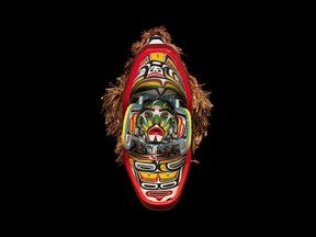 Beau Dick's Sculpin Mask (1985–92, red cedar, acrylic paint, cedar bark, rope) has three layers; the exterior represents a sculpin, a type of fish. The mask is part of the Vancouver Art Gallery's exhibit The Metamorphosis.