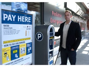 Jon Buss, outside Surrey Memorial Hospital on Monday, is campaigning to eliminate paid parking from hospitals. For Buss, paid hospital parking is an ‘exploitative money-making scheme’ that creates stress and anxiety for health care patients and their supporters.
