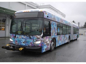 Artist Diyan Achjadi’s NonSerie is one of the decorative wraps on one of the long articulated TransLink buses now travelling along major thoroughfares in Metro Vancouver.