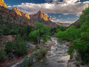 "The Watchman" rock formation and river of Zion National Park in Utah